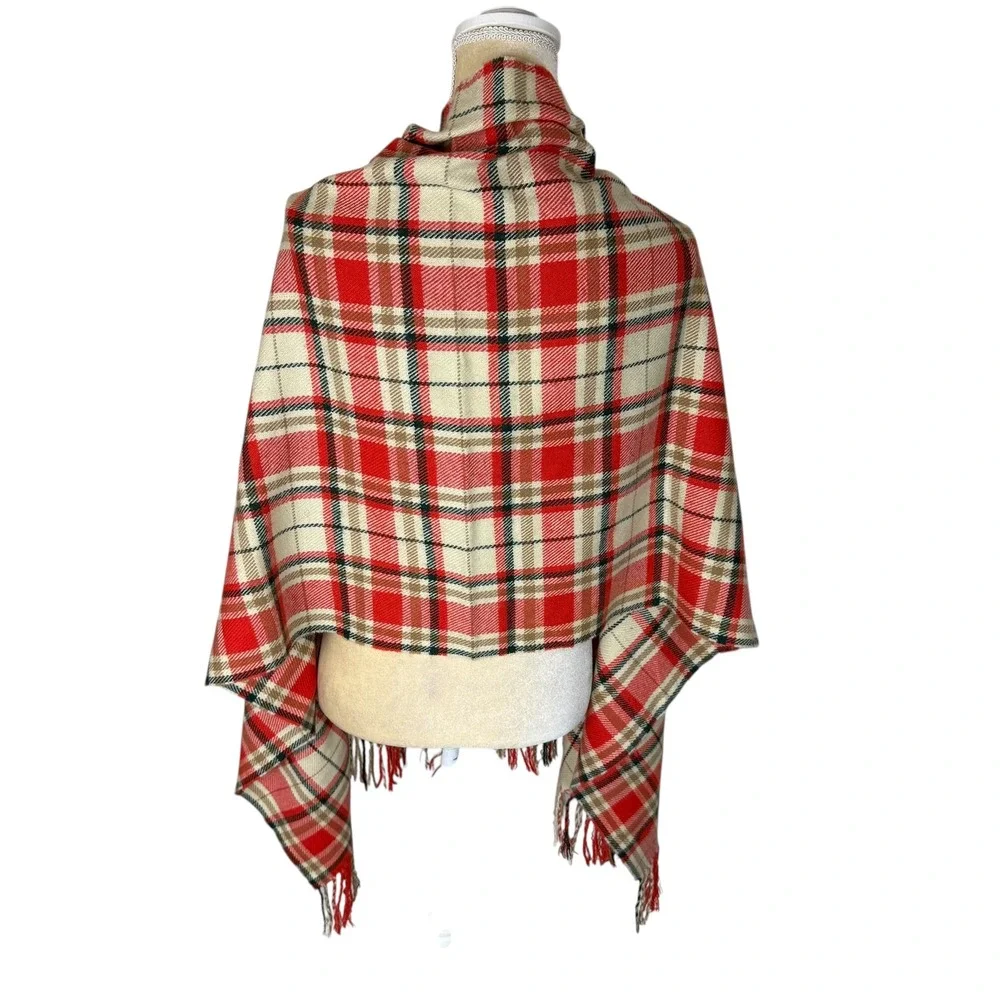 J. Crew Plaid Scarf‎ Orange Cream Green Fringe 25 x 70 Preppy